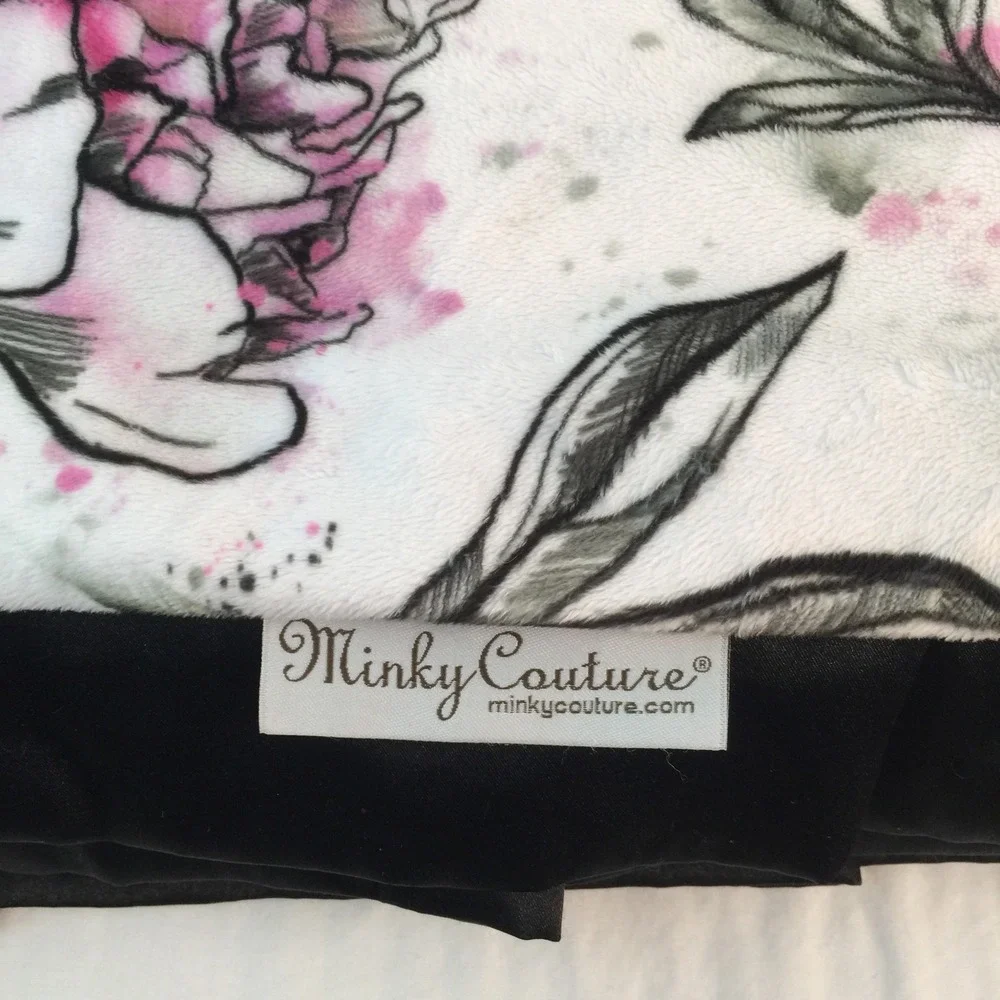 Minky Couture Blanket Adult 50x60 White Pink Peony Floral‎ Black Satin Trim